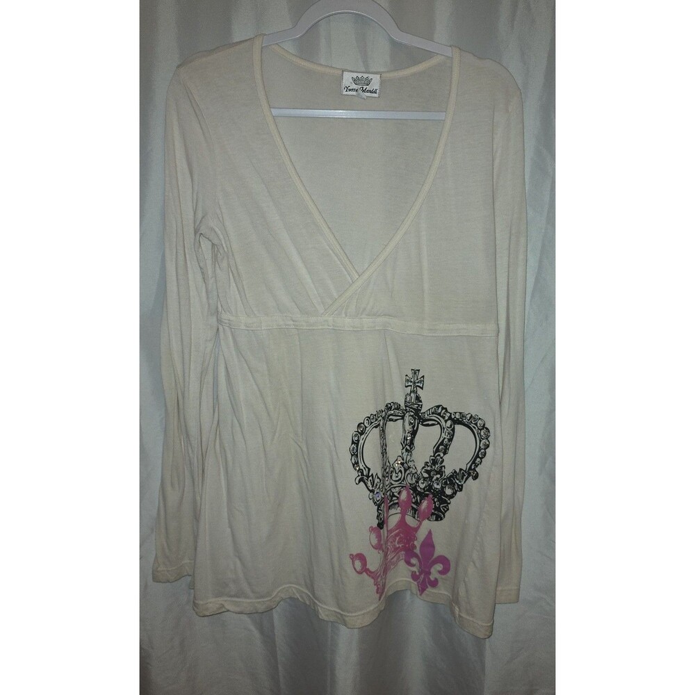 Yvette Mandell Y2K Babydoll Style Tunic Top Large Blk & Pink Crown & Rhinestones